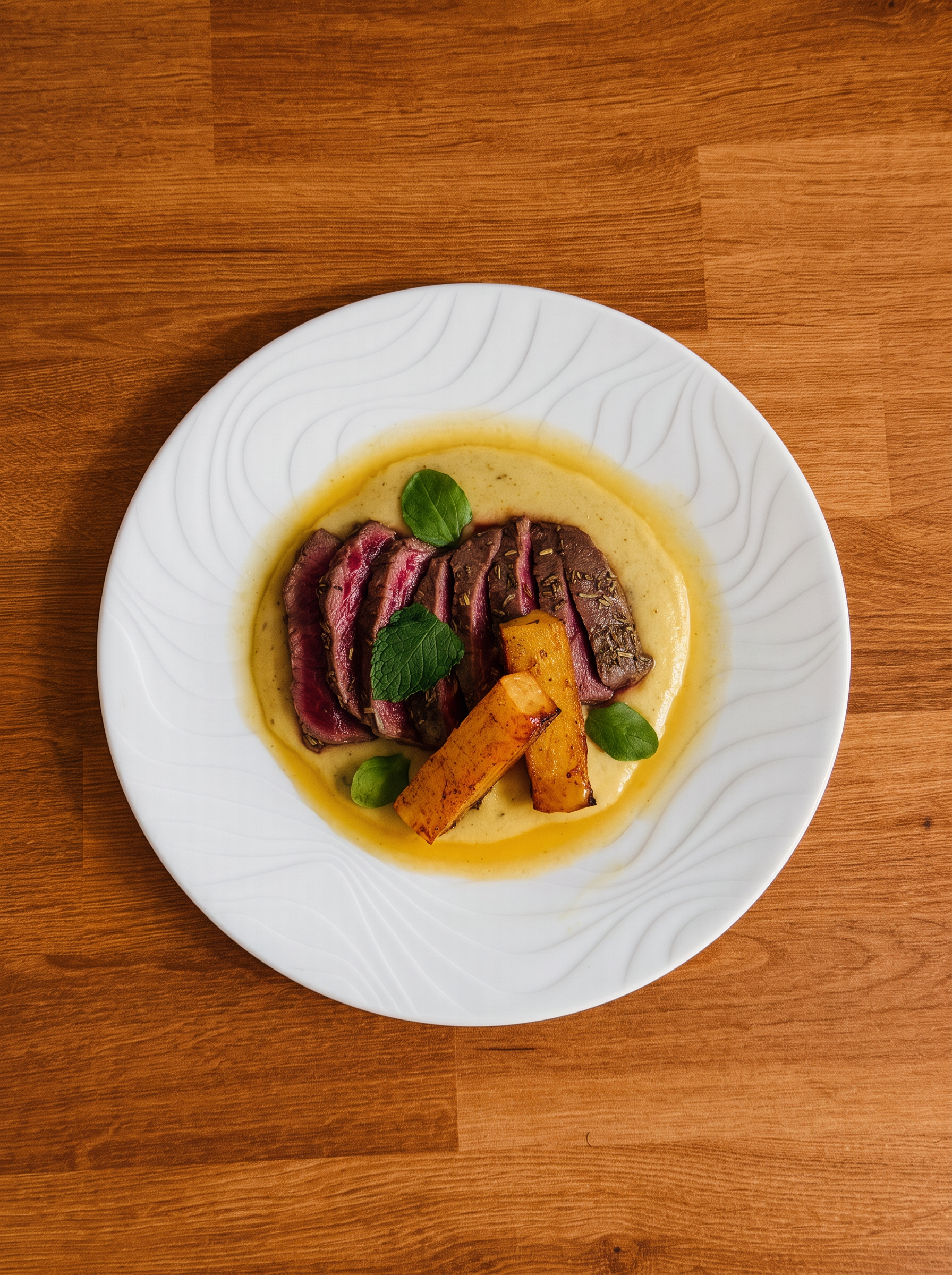 Bœuf rosé au romarin et crème de panais